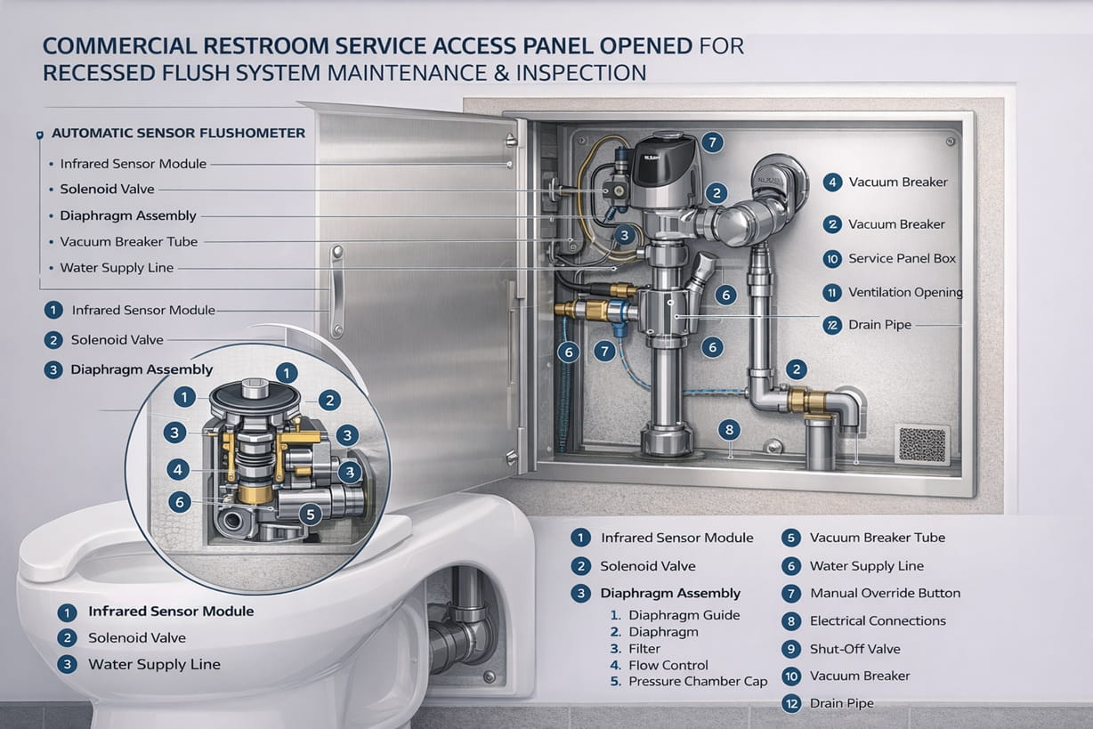 Commercial restroom service access panel opened for recessed flush system maintenance and inspection